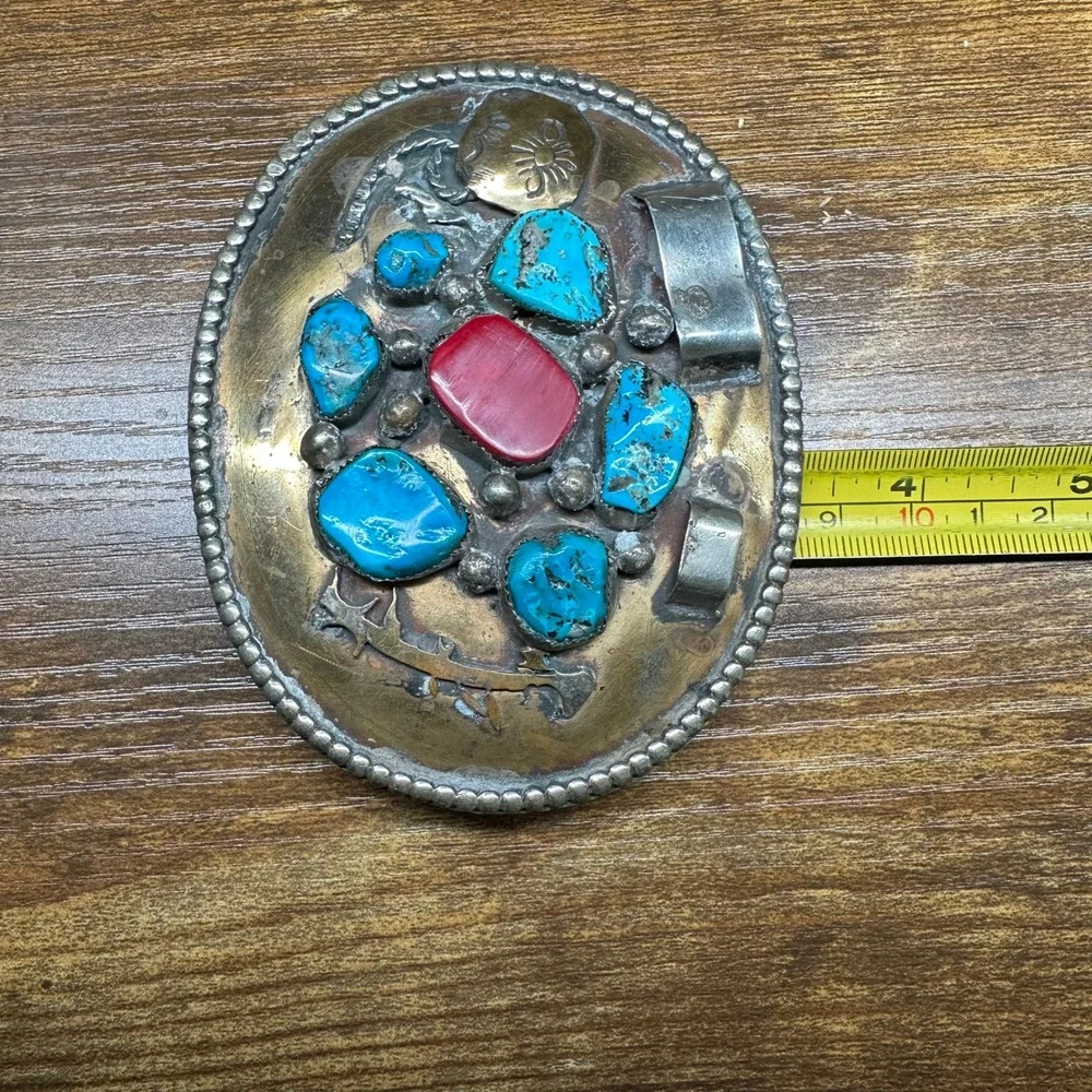 Vintage OE Native American Style Turquoise Red Coral Mixed Metal Belt Buckle